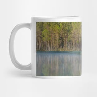 Forest reflecting to small lake at morning Mug